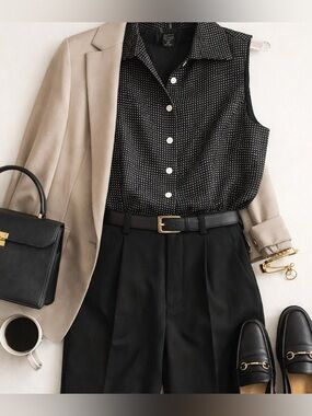 Carole Little 100% Silk Polka Dot Sleeveless Blouse Tailored Vest Style Top